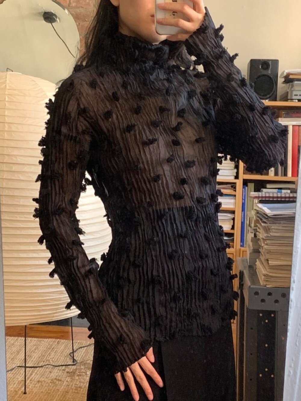 Issey Miyake Chiffon Pom Pom Turtleneck Top Black, M - Picture 3 of 8